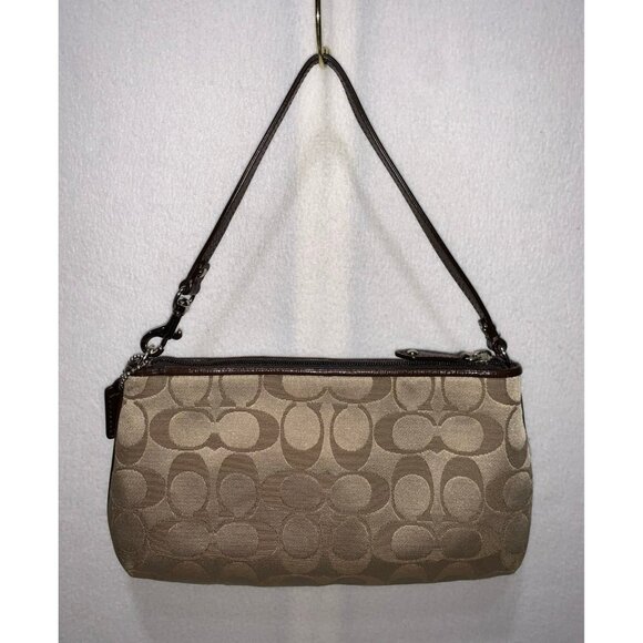 Coach Ashley Signature Sateen Large Wristlet/Mini Bag Beige Brown Silver Two Way - Picture 2 of 12